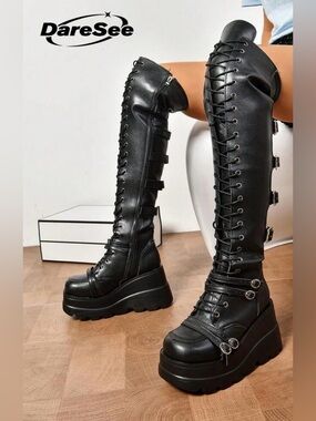 Daresee Women's Black Platform Knee-High Lace-Up Boots